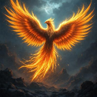 Primary subject: A bird with a long tail, wings, and a fiery appearance.

Setting/background: The bird is flying in front of a dark, cloudy sky.

Visual style: The bird is depicted as a digital art or illustration.

Colors and mood: The bird has a fiery appearance, with orange and yellow colors, creating a dramatic and intense atmosphere.